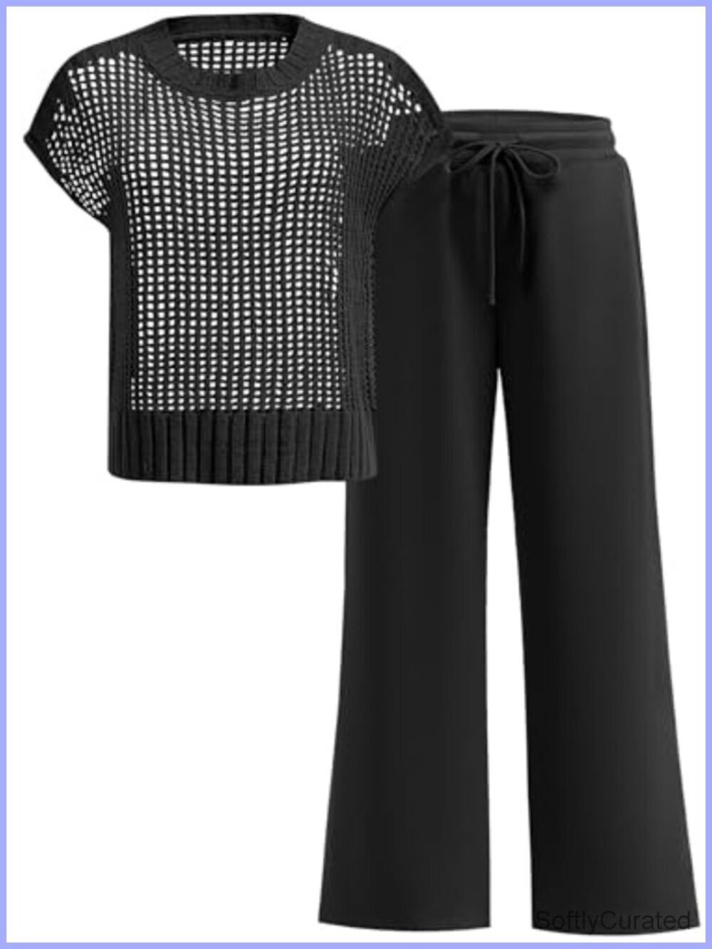 Two Piece Crochet Sheer Knit Sweater Wide Leg Pants Matching Lounge Set